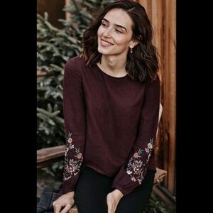 J JILL Boho Chic Plum Long Sleeve Blouse Floral Embroidered Cotton Blend Tunic